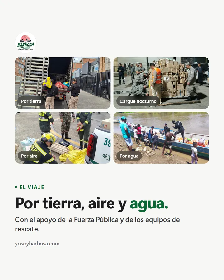 Por tierra, aire y agua. Cuatro fotos del traslado: descargue de un camión, cargue nocturno con uniformados, equipo de rescate en una pista y una lancha con ayudas en un río.